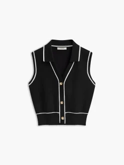 COMMENSE Button Front Contrast Binding Sleeveless Skirt Set* Skirt Sets|Long Sleeve Sets