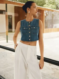 COMMENSE Button Front Double Pockets Denim Top* Denim|Tops