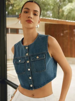 COMMENSE Button Front Double Pockets Denim Top* Denim|Tops