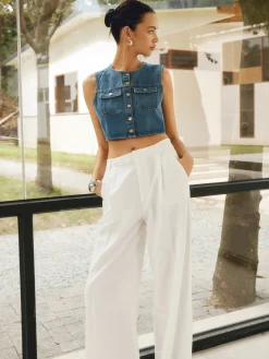 COMMENSE Button Front Double Pockets Denim Top* Denim|Tops