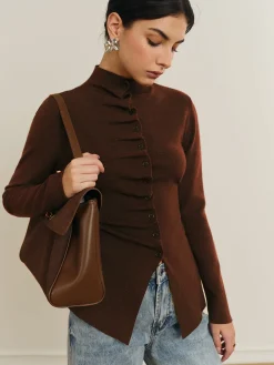 COMMENSE Button Pleated Split Knit Top* Sweater Tops|Sweaters & Cardigans