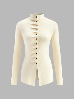 COMMENSE Button Pleated Split Knit Top* Sweater Tops|Sweaters & Cardigans