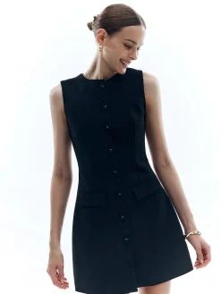 COMMENSE Button Solid Crew Neck Sleeveless Dress* Black Dresses|Casual Dresses