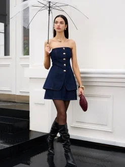 COMMENSE Button Split Denim Corset* Corset Tops|Denim