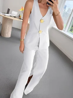 COMMENSE Button Split Sleeveless Pants Set* Pants Sets|Matching Sets