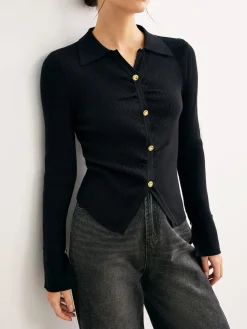 COMMENSE Button Split Slim Polo Sweater* Sweater Tops|Sweaters & Cardigans