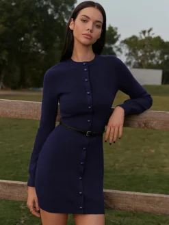 COMMENSE Button-Decor Sweater Hip-Covering Dress With Belt* Knitwear|Dresses