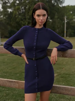 COMMENSE Button-Decor Sweater Hip-Covering Dress With Belt* Knitwear|Dresses
