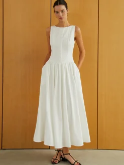 COMMENSE Button-Front Sleeveless Pockets Long Dress* White Dresses|Work Dresses