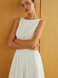 COMMENSE Button-Front Sleeveless Pockets Long Dress* White Dresses|Work Dresses