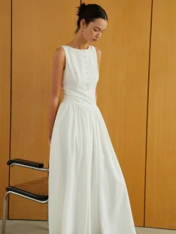 COMMENSE Button-Front Sleeveless Pockets Long Dress* White Dresses|Work Dresses