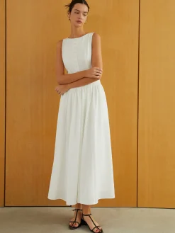 COMMENSE Button-Front Sleeveless Pockets Long Dress* White Dresses|Work Dresses