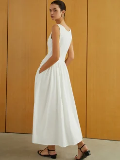 COMMENSE Button-Front Sleeveless Pockets Long Dress* White Dresses|Work Dresses