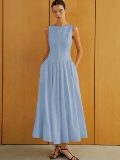 COMMENSE Button-Front Sleeveless Pockets Long Dress* White Dresses|Work Dresses