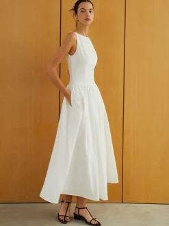 COMMENSE Button-Front Sleeveless Pockets Long Dress* Work Dresses|Casual Dresses