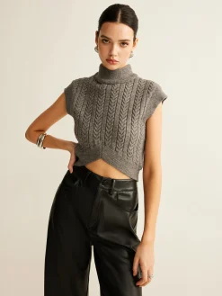 COMMENSE Cable-Knit Mock Neck Crop Sweater Vest* Sweater Vests|Sweaters & Cardigans