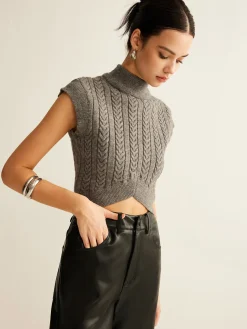 COMMENSE Cable-Knit Mock Neck Crop Sweater Vest* Sweater Vests|Sweaters & Cardigans