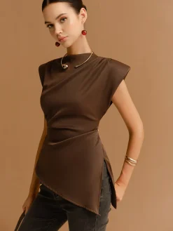 COMMENSE Cap Sleeve Asymmetrical Hem Skinny Blouse* Tops