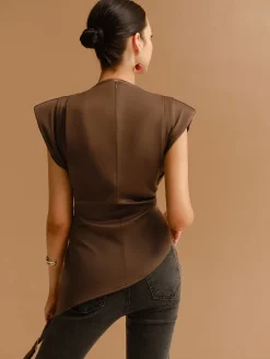 COMMENSE Cap Sleeve Asymmetrical Hem Skinny Blouse* Tops