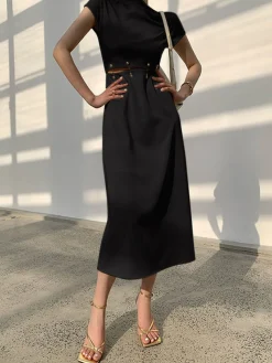 COMMENSE Cap Sleeve Cutout Midi Dress* White Dresses|Black Dresses