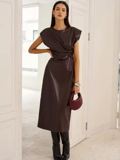 COMMENSE Cap-Sleeve Knotted Faux Leather Dress* Casual Dresses|Work Dresses