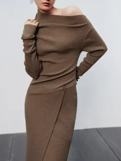 COMMENSE Caramel Asymmetric Neckline Long Sleeve Knit Top* Sweater Tops|Long Sleeve Sets