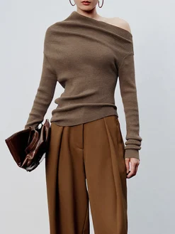 COMMENSE Caramel Asymmetric Neckline Long Sleeve Knit Top* Sweater Tops|Long Sleeve Sets