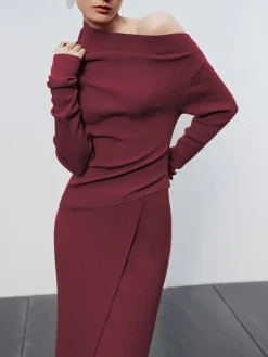 COMMENSE Caramel Asymmetric Neckline Long Sleeve Knit Top* Sweater Tops|Long Sleeve Sets