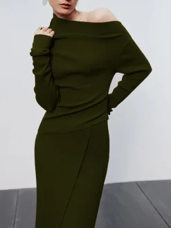 COMMENSE Caramel Asymmetric Neckline Long Sleeve Knit Top* Sweater Tops|Long Sleeve Sets