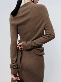 COMMENSE Caramel Asymmetric Neckline Long Sleeve Knit Top* Sweater Tops|Long Sleeve Sets