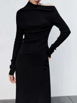 COMMENSE Caramel Asymmetric Neckline Long Sleeve Knit Top* Sweater Tops|Long Sleeve Sets