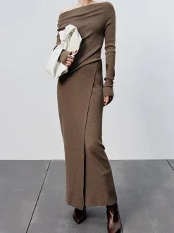 COMMENSE Caramel Slit Maxi Knit Skirt* Long Sleeve Sets|Skirts