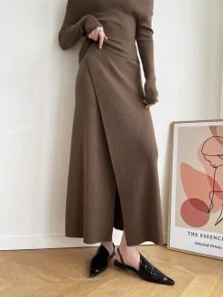 COMMENSE Caramel Slit Maxi Knit Skirt* Long Sleeve Sets|Skirts