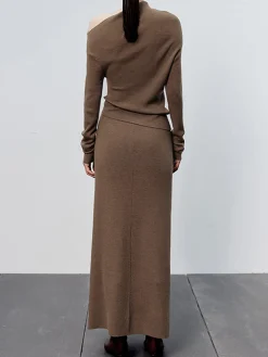 COMMENSE Caramel Slit Maxi Knit Skirt* Long Sleeve Sets|Skirts