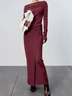 COMMENSE Caramel Slit Maxi Knit Skirt* Long Sleeve Sets|Skirts
