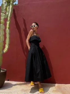 COMMENSE Casual Belted Cami Long Dress* Black Dresses|Casual Dresses