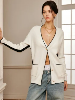 COMMENSE Casual Contrast Trim Knit Outerwear* Sweater Tops|Long Sleeve Sets