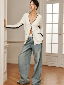 COMMENSE Casual Contrast Trim Knit Outerwear* Sweater Tops|Long Sleeve Sets