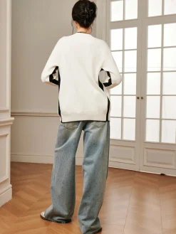 COMMENSE Casual Contrast Trim Knit Outerwear* Sweater Tops|Long Sleeve Sets