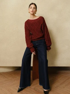 COMMENSE Casual Crew Neck Cable-Knit Top* Sweater Tops|Sweaters & Cardigans