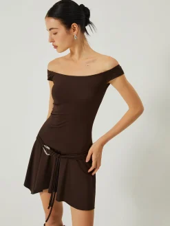 COMMENSE Casual Off-Shoulder Ruched Ruffle Hem Dress* Cocktail & Party Dresses|Vacation Dresses