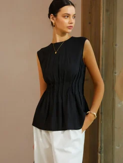 COMMENSE Casual Sleeveless Pleated Button Back Blouse* Blouses & Shirts|Tops