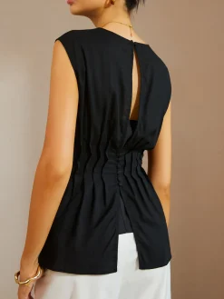 COMMENSE Casual Sleeveless Pleated Button Back Blouse* Blouses & Shirts|Tops