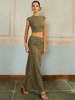 COMMENSE Casual Slim Fit Pleated Long Skirt Set* Skirt Sets|Long Sleeve Sets