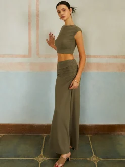 COMMENSE Casual Slim Fit Pleated Long Skirt Set* Skirt Sets|Long Sleeve Sets