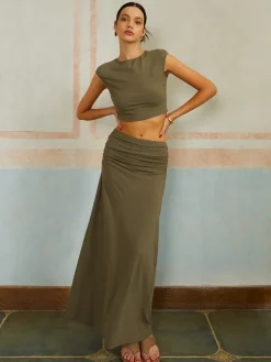 COMMENSE Casual Slim Fit Pleated Long Skirt Set* Skirt Sets|Long Sleeve Sets