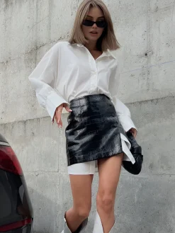 COMMENSE Casual Solid Shirt With Faux Leather Mini Skirt Set* Skirt Sets|Long Sleeve Sets