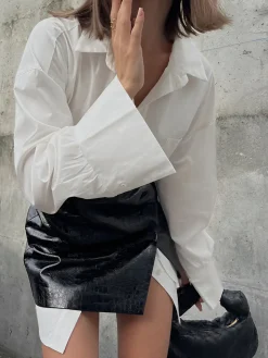 COMMENSE Casual Solid Shirt With Faux Leather Mini Skirt Set* Skirt Sets|Long Sleeve Sets