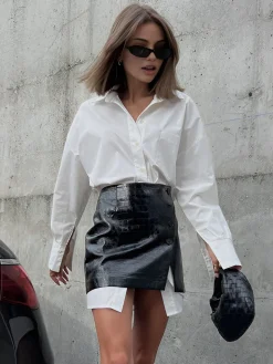 COMMENSE Casual Solid Shirt With Faux Leather Mini Skirt Set* Skirt Sets|Long Sleeve Sets
