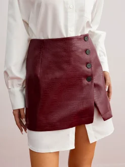 COMMENSE Casual Solid Shirt With Faux Leather Mini Skirt Set* Skirt Sets|Long Sleeve Sets